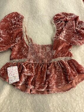 Free People Rose Crushed Velvet Puff Sleeve Peplum Top